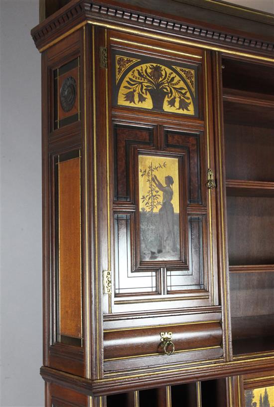 A Gillows Aesthetic Movement walnut, parcel gilt and thuya wood secretaire cabinet, c 1880s